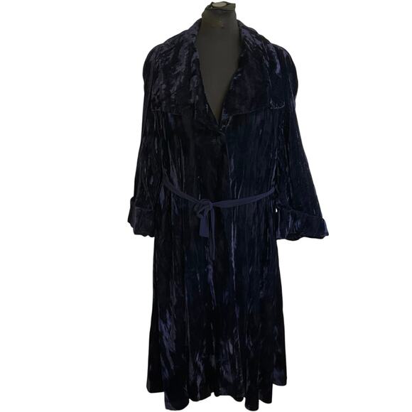 Vintage Alberto Makati Crushed Velvet Duster Long Jacket Sz S Navy Boho Glam - Picture 2 of 7